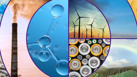 Various graphics depicting energy research including wind turbines, hydrogen molecules, and plastic waste