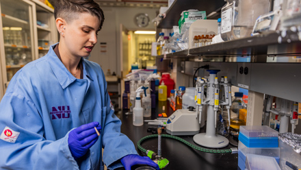 Erica Hartmann working in her lab