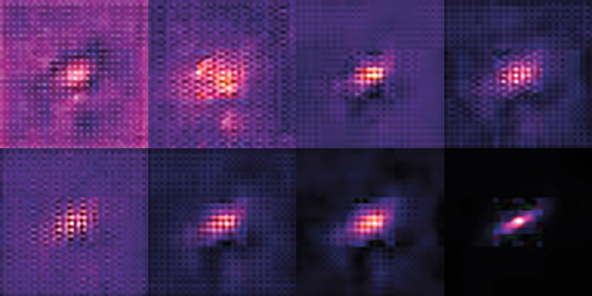 To remove the atmosphere from an image, the process pushes the starting image through eight layers of network, generating eight intermediate images. Earliest image is top left, and final image is bottom right.