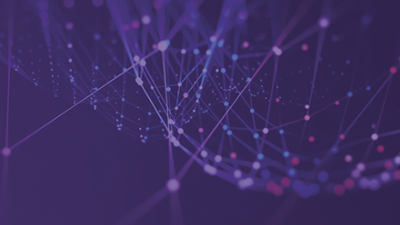 Purple graphic with dots and lines