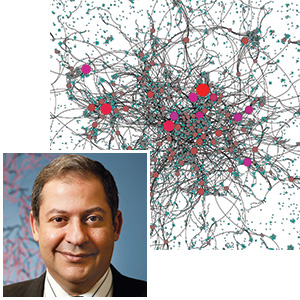 As a part of his work to examine how networks emerge and stabilize, Contractor mapped the relationships among academic collaborators. In this network, each node is an author, and two nodes are linked when they have coauthored a paper together. The size of each node is relative to how many links it has, so an author who has written papers with many other coauthors will have a larger node.