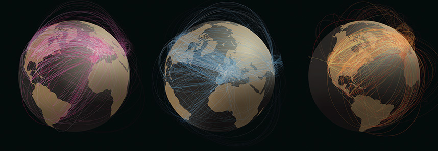 Because peer-to-peer file sharing activity is so enormous yet difficult to grasp, it is often called the “dark matter of the Internet.” With unprecedented amounts of data, a Northwestern team is illuminating this little understood facet of the World Wide Web. This schematic represents a subset of BitTorrent users during one day in March 2009.