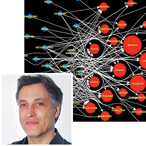 Brian Uzzi’s interest in determining which creative pursuits acquire funding is intertwined with his studies of creativity. He modeled the 2007 worldwide crowdfunding network to visualize the patterns that emerge when resources are exchanged. In this schematic, the blue dots indicate the lending nations, and the red dots indicate the borrowers. The size of the dots corresponds to the amount of funds loaned or borrowed.