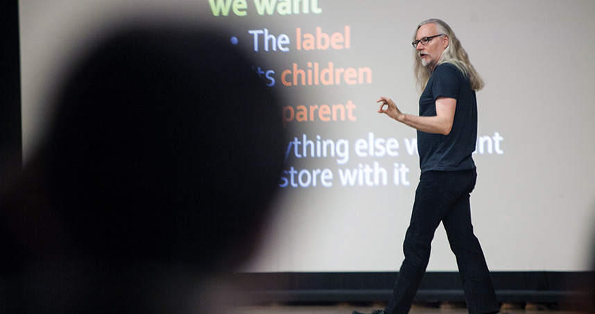 Professor Horswill stands in front of a class of nearly 350 students taking Fundamentals of Computer Programming.