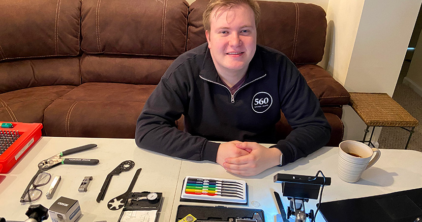 Student Sean Goldman displays the kit that was distributed to places such as Turkey and Hong Kong.