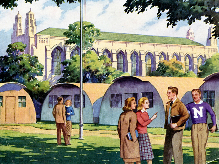 Illustration depicting Quonset huts on Deering Meadow. | Credit: Northwestern University Archives