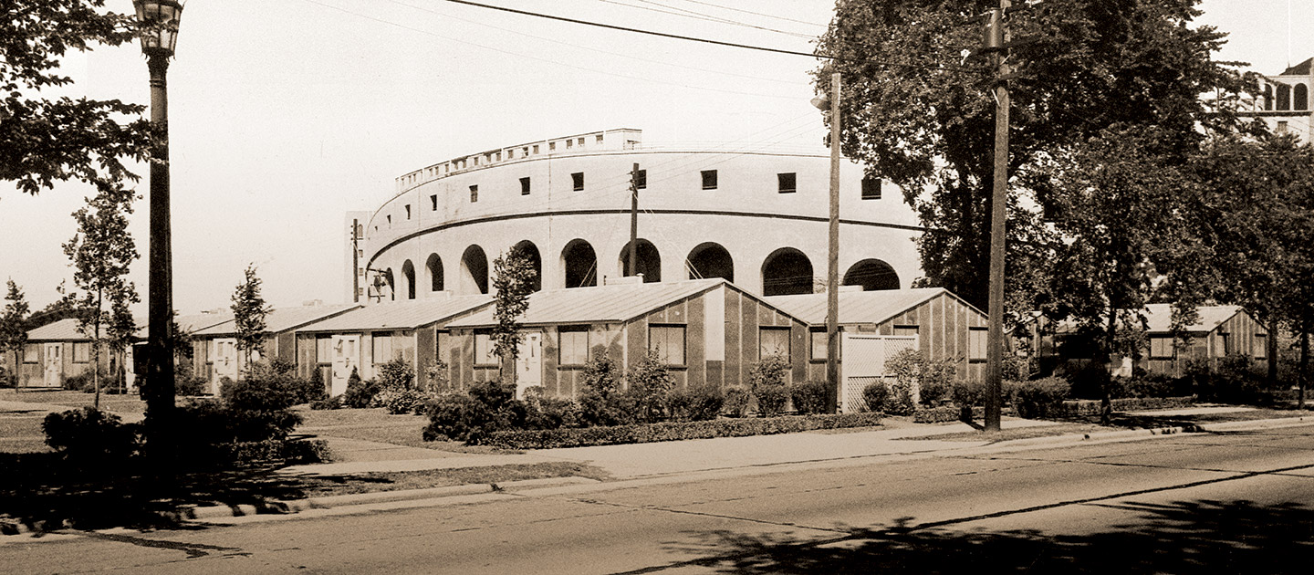 Rows of Quonset huts outside Dyche Stadium, now Ryan Field, in Evanston.