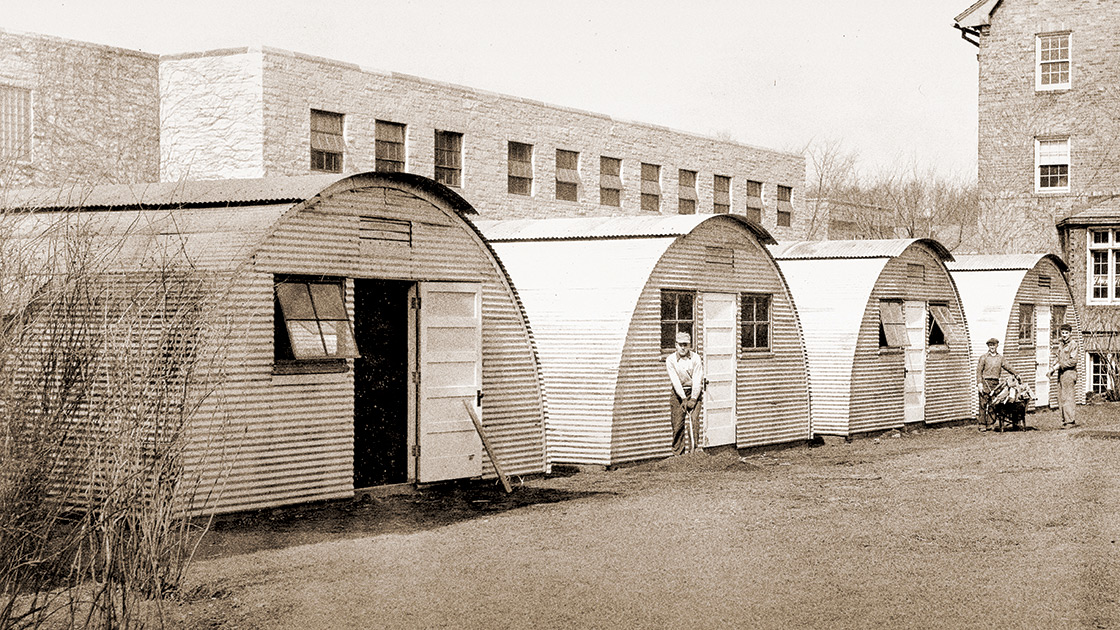 Illustration depicting Quonset huts on Deering Meadow. Credit: Northwestern University Archives