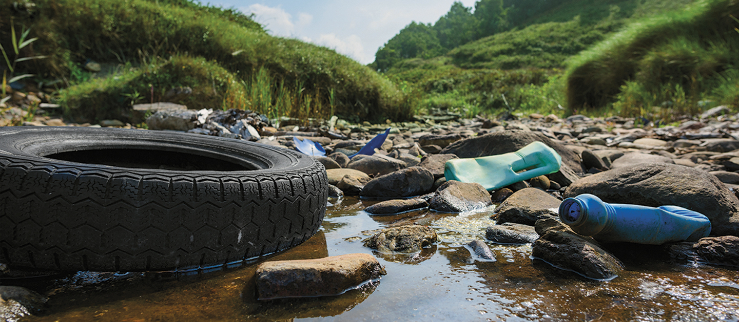 Plastic waste in a valley stream