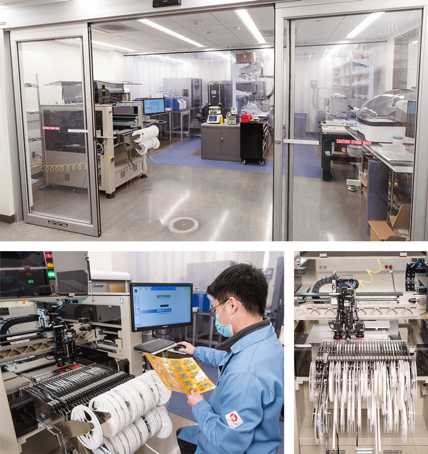 (clockwise from top) General manufacturing area, close-up of the Manncorp Autotronik surface-mount technology (SMT) component placement system, and a student operates the assembly tool