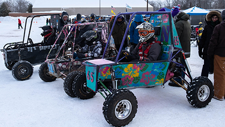 Three Northwestern Baja cars at the Winter Baja race in Houghton, Michigan, in 2023.