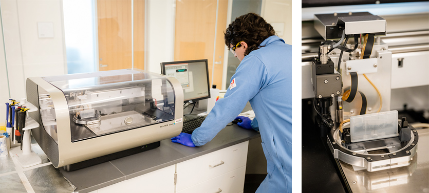 PhD student Santiago Diaz-Arauzo prepares the Fujifilm Dimatix Inkjet Printer, which seamlessly transforms digital designs into vibrant, high-resolution prints by placing ink droplets onto various surfaces.  | Photos by Jason Brown