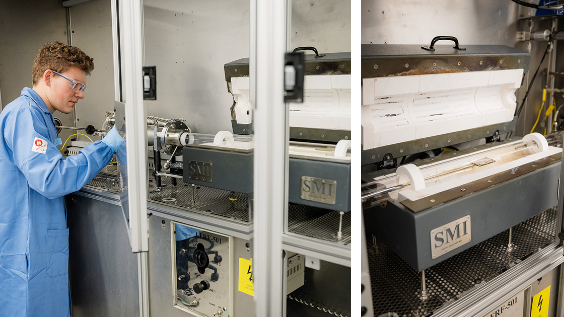 PhD student Zachary Trdinich loads a material sample into the MOCVD's tube furnace (right), which can reach temperatures of up to 1,100 degrees Celsius.