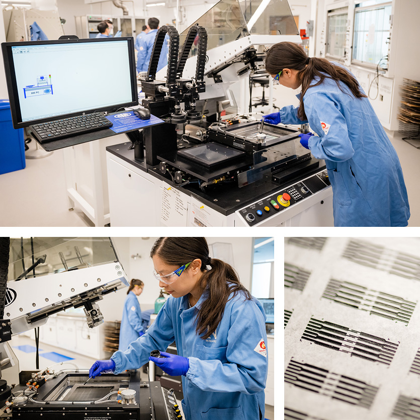 PhD student Lindsay Chaney operates the lab's automated screen printer. | Photos by Jason Brown