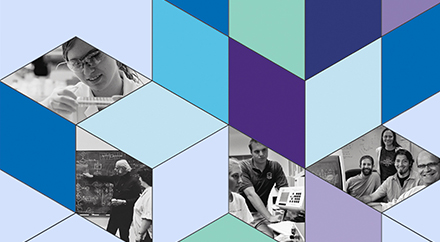 Graphic with grid of blue and purple diamonds and photos of researchers and educators across generations
