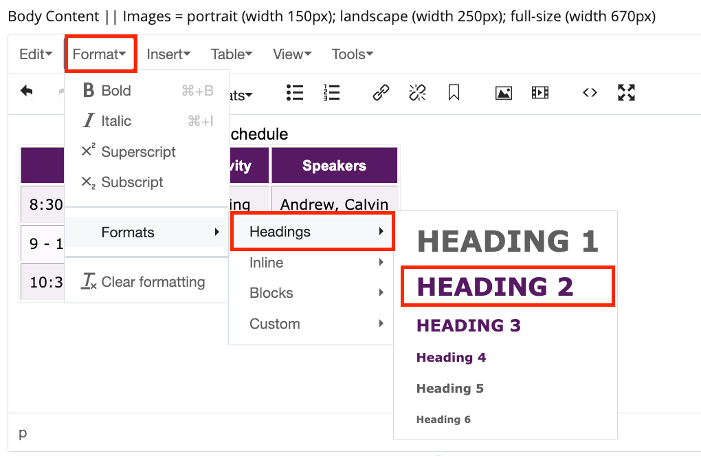 Applying a heading style in the text editor