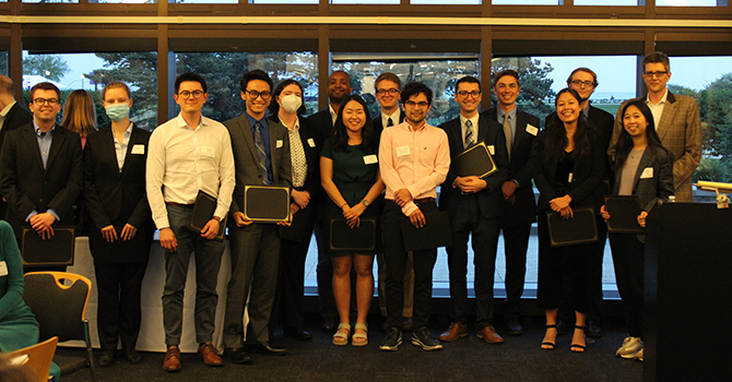 Professor Derk Joester (far right) poses with the symposium speakers.