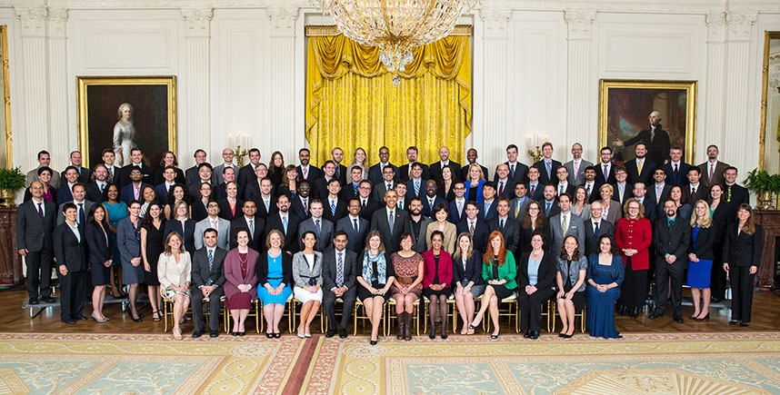 President Barack Obama joins recipients of the PECASE for a group photo in the East Room of the White House.