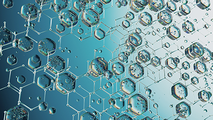 Abstract hexagonal molecular lattice on a teal background