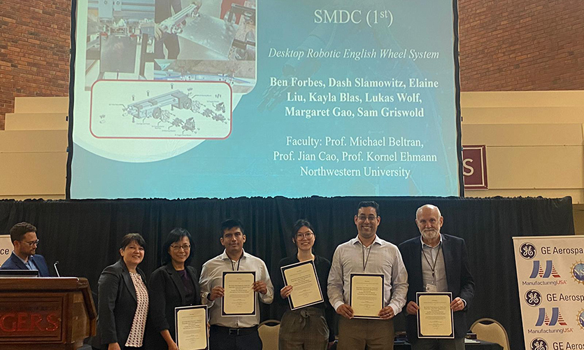 From left to right: Jian Cao, Derick Andres Suarez, Margaret Gao, Michael Beltran, and Kornel Ehmann are presented with the award.