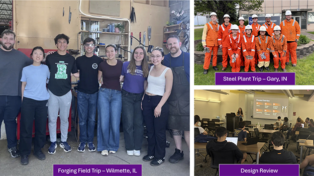 Images of the bladesmithing team on a forging field trip, a steel plant trip, and in a design review meeting.