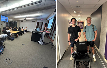 Two photos: At left, students in classroom and, at right, two students standing with wheelchair