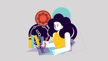 Illustration with person writing and gears and clock in background